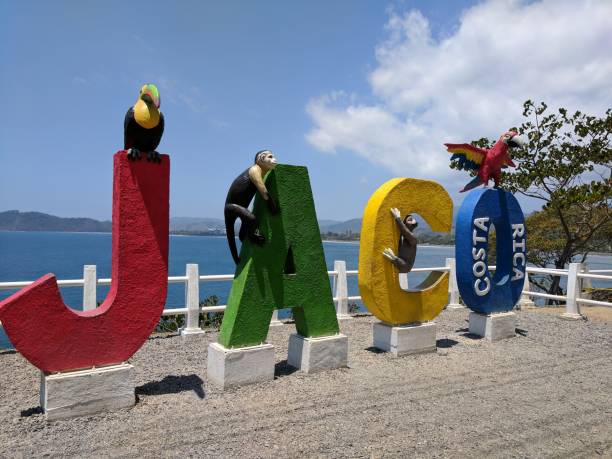 View of multi-coloured Jaco name sign with birds and animals, Jaco, Costa Rica