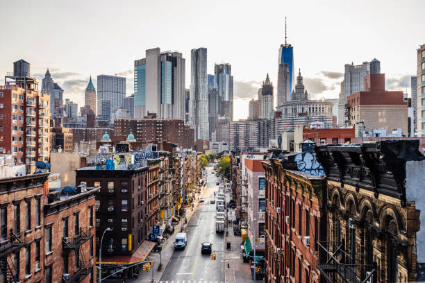 Lower Manhattan cityscape. Chinatown in foreground and Wall street in the background.