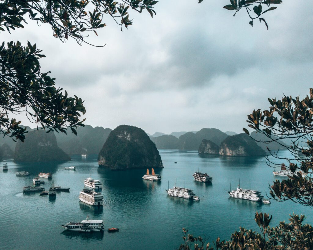 a ton of tour boats in halong bay vietnam